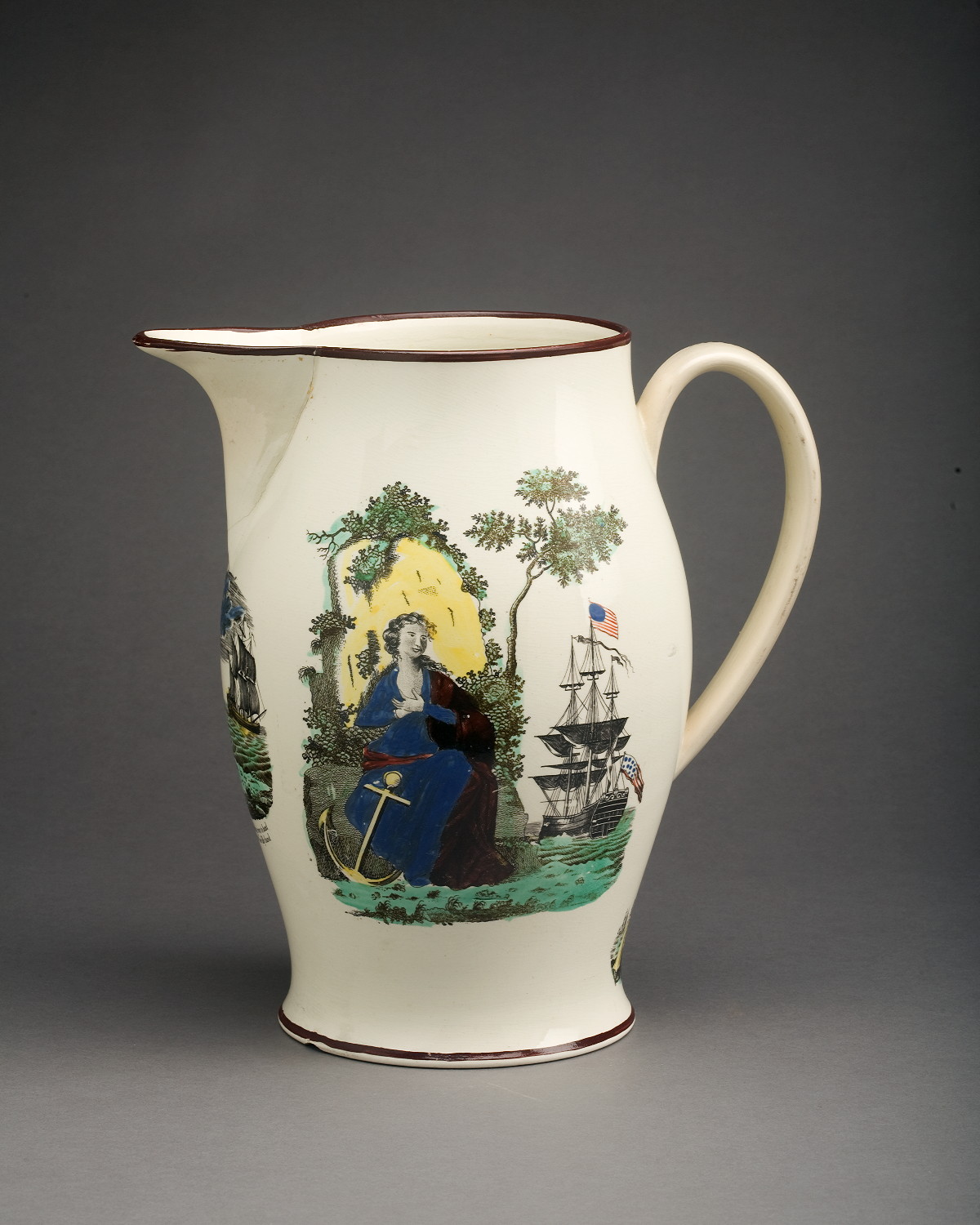 Appraisal: ENGLISH CREAMWARE ENAMEL-DECORATED AND BLACK TRANSFER-PRINTED JUG PROBABLY STAFFORDSHIRE CIRCA