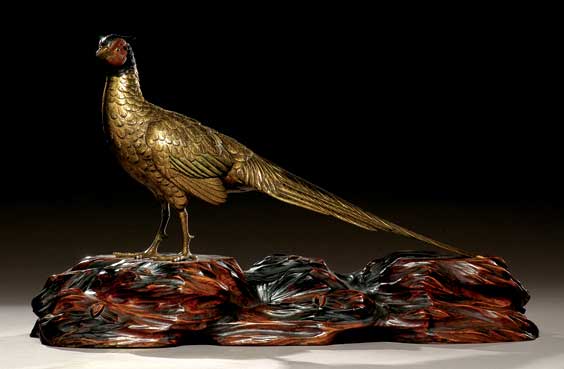 Appraisal: ANTIQUE JAPANESE BRONZE PHEASANT Antique Japanese Meiji Period gilt and