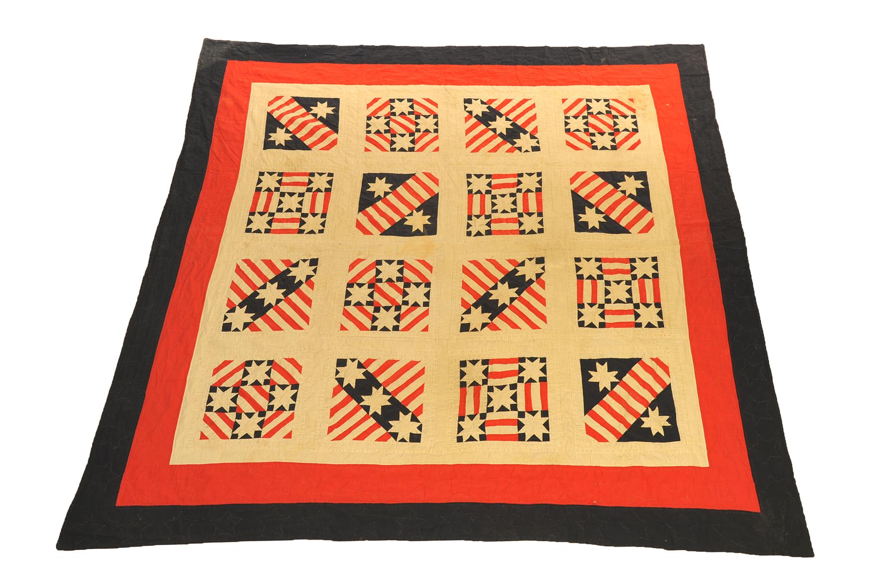 Appraisal: PATRIOTIC RED WHITE AND BLUE PIECEWORK QUILT American mid th