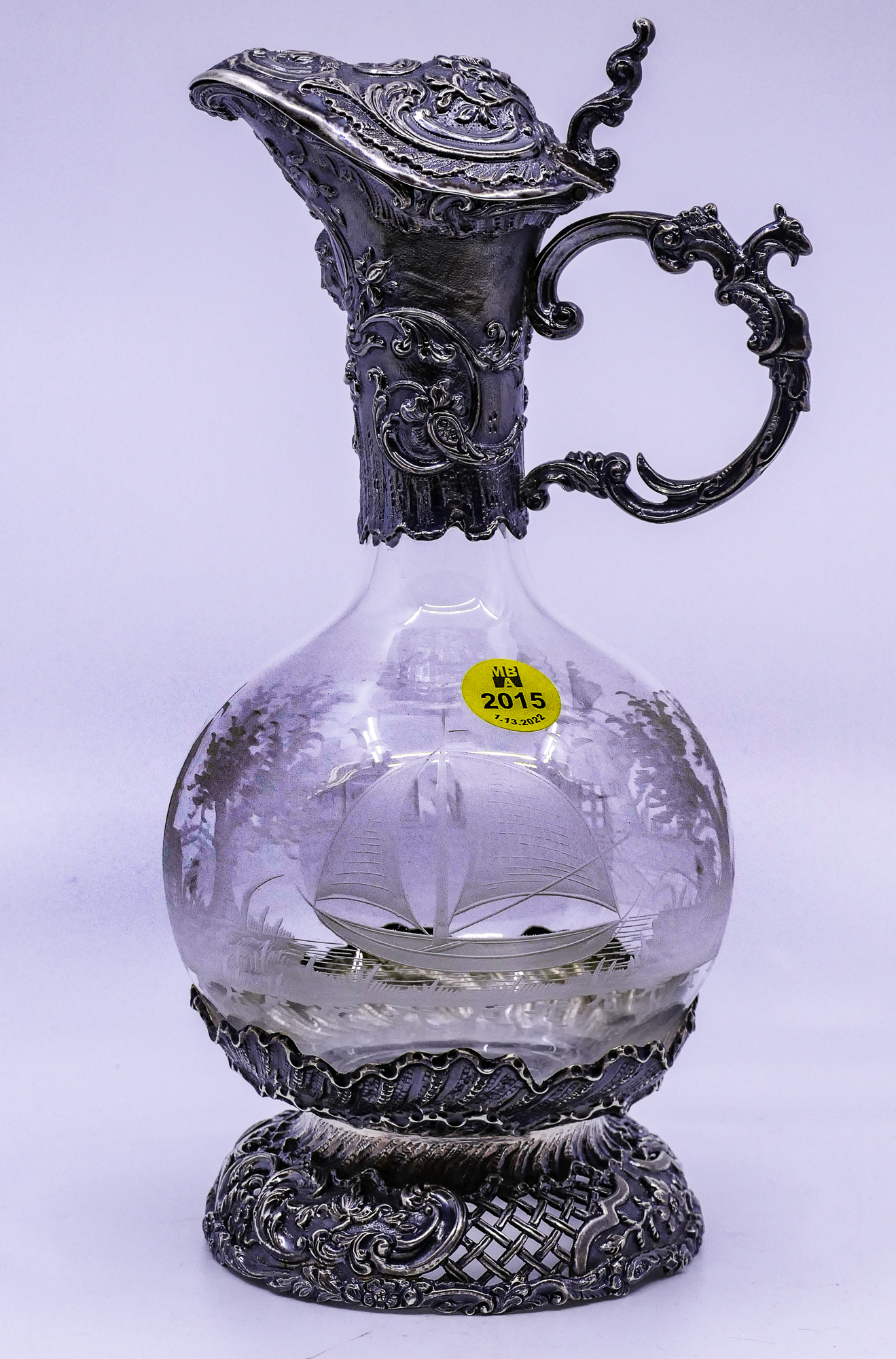 Appraisal: Continental Silver Repousse Etched Glass Lidded Ewer- x ''