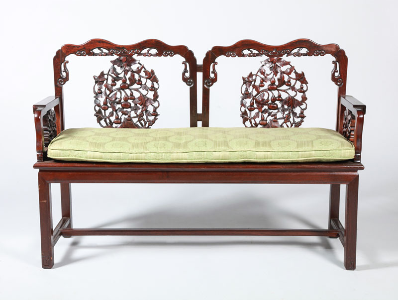 Appraisal: CHINESE CARVED HARDWOOD BENCH Fitted with an upholstered cushion x