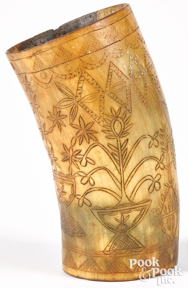 Appraisal: Scrimshaw decorated horn cup Scrimshaw decorated horn cup dated initialed