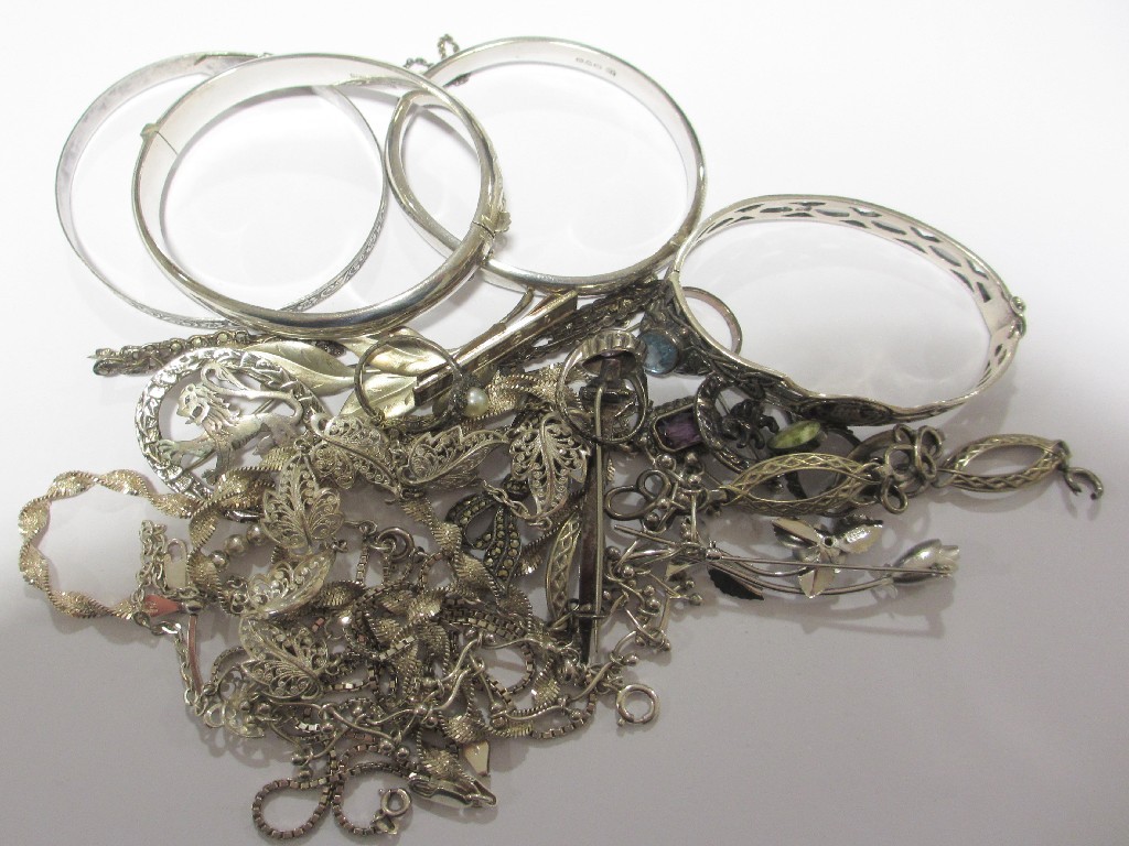 Appraisal: Lot of silver pieces to include bangles neck chains brooches