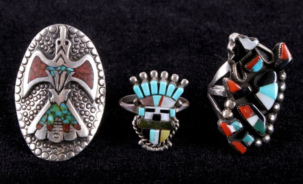 Appraisal: Zuni Inlaid Multi-Stone Sterling Ring Collection For your consideration is