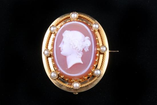 Appraisal: FRENCH YELLOW GOLD SEED PEARL AND CARVED AGATE OVAL CAMEO