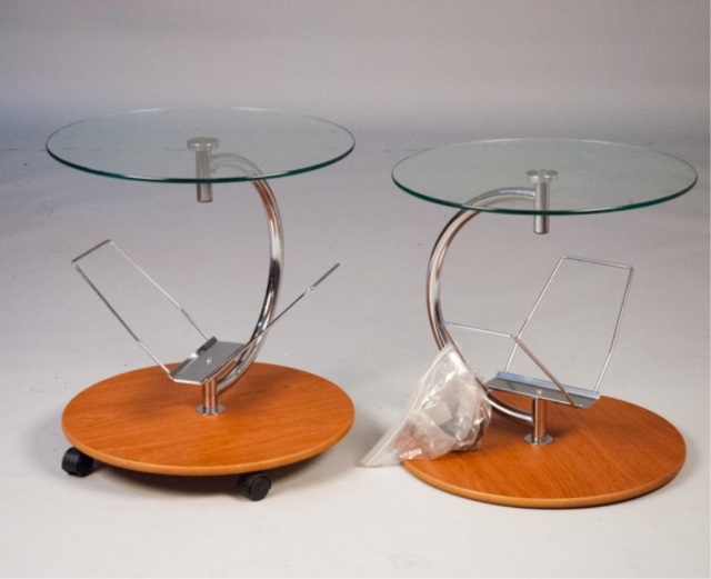 Appraisal: Round Glass atop chrome magazine rack with wooden base on