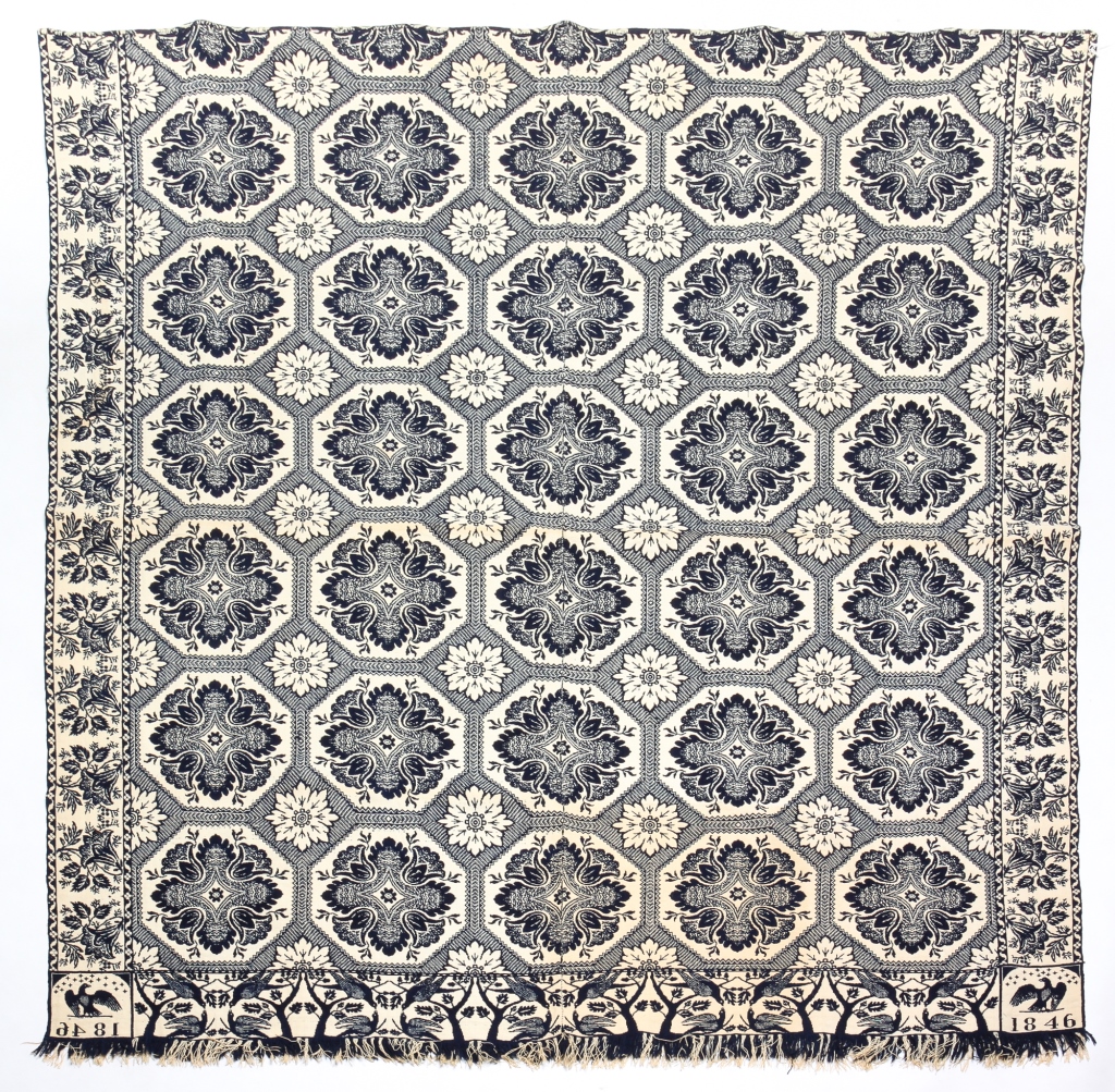 Appraisal: INDIANA JACQUARD COVERLET Wool two piece in blue and natural