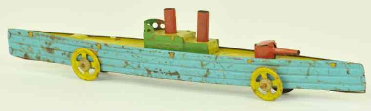 Appraisal: FISCHER GUNBOAT PENNY TOY Germany lithographed tin long example with