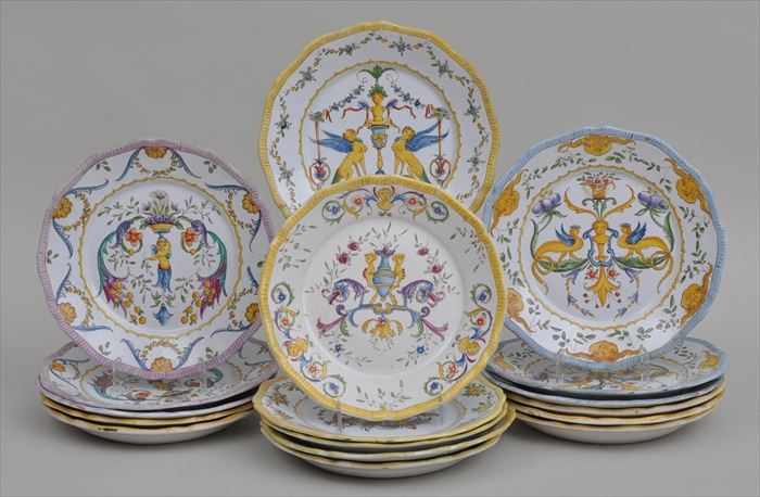 Appraisal: ASSEMBLED SET OF SEVENTEEN CONTINENTAL TH-CENTURY STYLE FAIENCE PLATES Variously