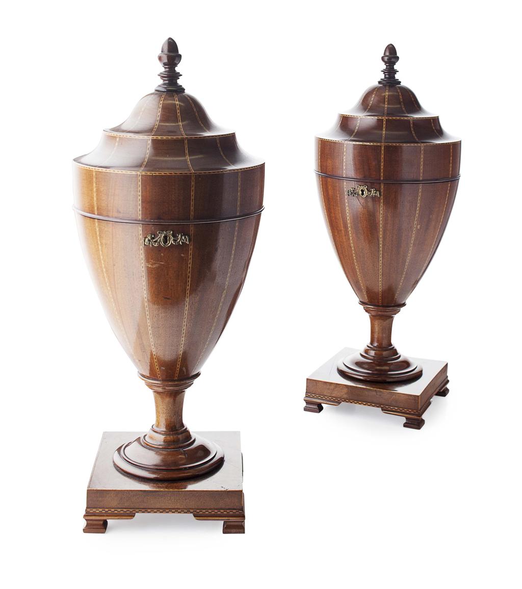 Appraisal: PAIR OF GEORGE III STYLE MAHOGANY URN SHAPED KNIFE BOXES