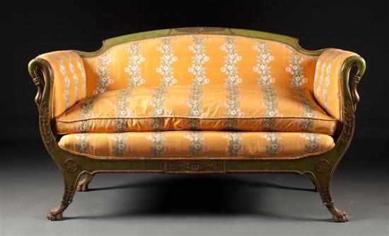 Appraisal: French Empire style painted wood silk upholstered canape th century