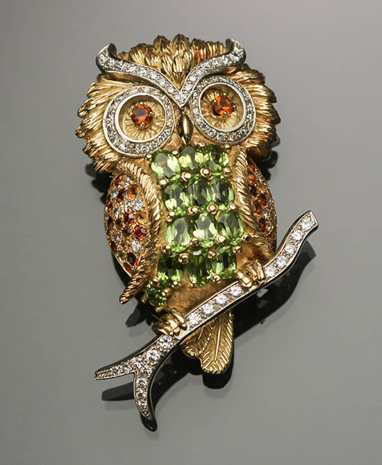 Appraisal: -Karat Yellow-Gold White-Gold Peridot Citrine and Diamond 'Owl' Brooch The