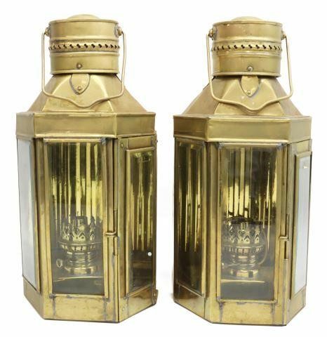 Appraisal: pair Brass hanging ship lanterns th c now electrified bail