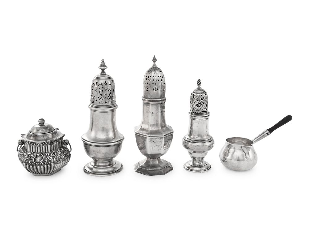 Appraisal: A Group of Five English Silver Table Articles A Group