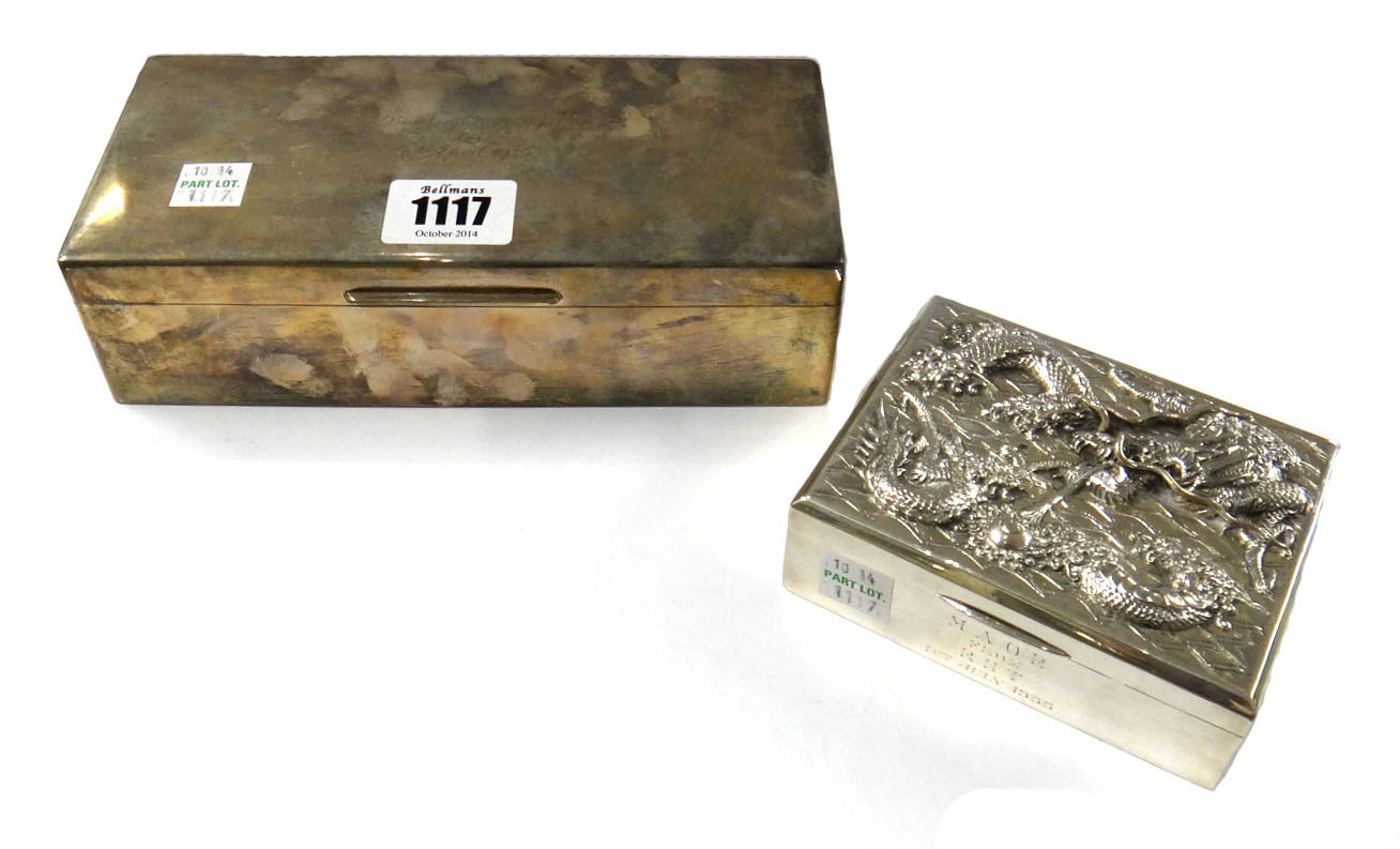 Appraisal: A silver rectangular table cigarette box wooden lined within the