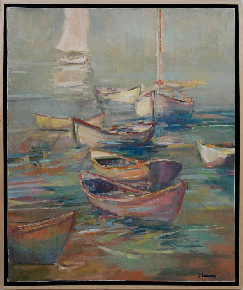 Appraisal: David Lazarus Oil on Canvas Dories in Calm Waters David