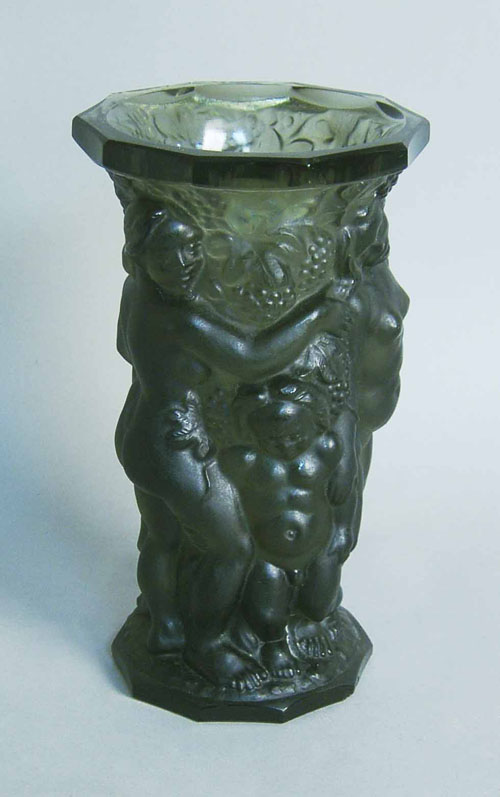 Appraisal: Art glass smoke colored vase with nudes possibly Lalique h