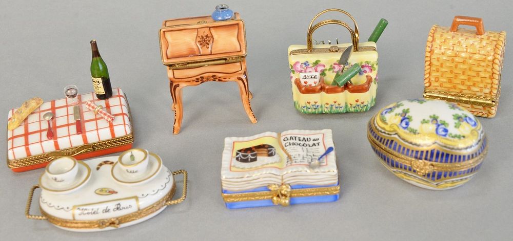 Appraisal: Seven Limoge Peint Main trinket boxes including garden tote picnic