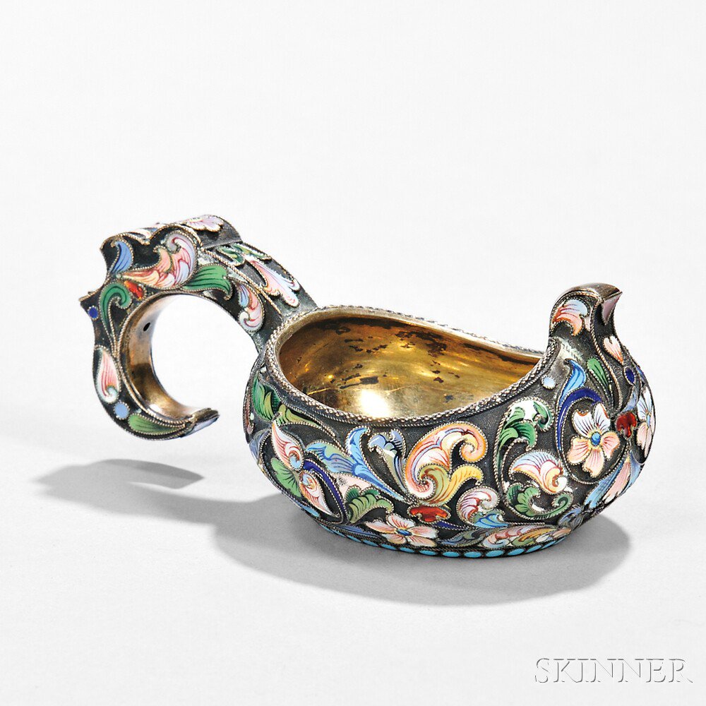 Appraisal: Russian Silver-gilt and Cloisonn -enameled Miniature Kovsh Moscow - Nikolay