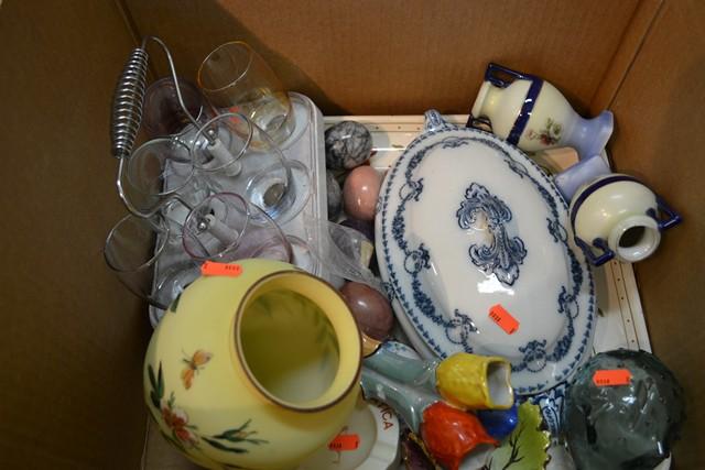 Appraisal: BOX OF ITEMS INCL PAINTED GLASS VASE MARBLE EGGS NORITAKE