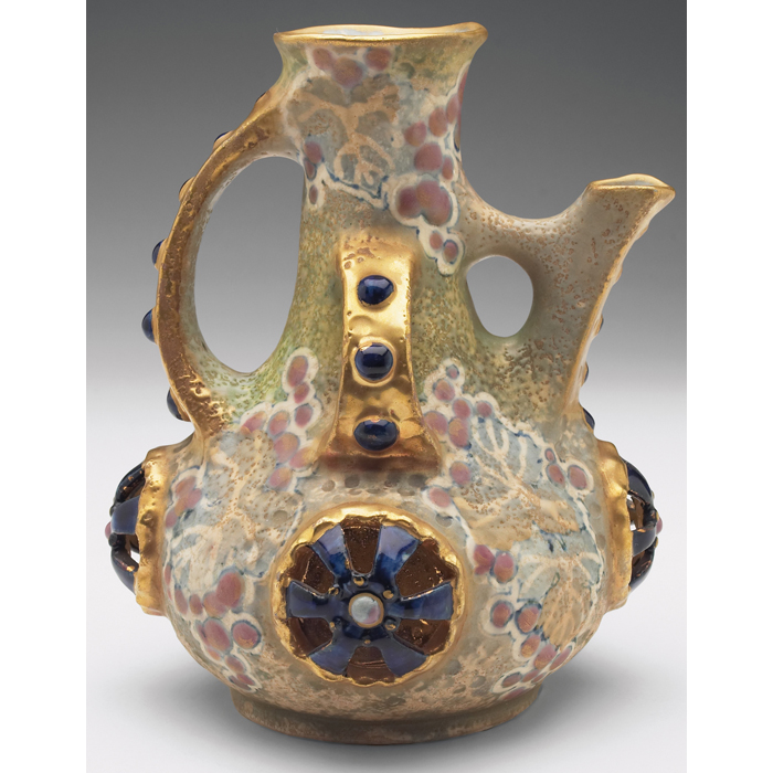 Appraisal: Amphora handled vessel bulbous shapesurrounded by rosettes and applied stonesin