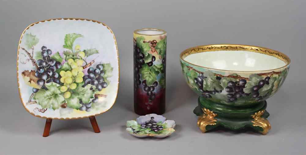 Appraisal: FOUR HAND PAINTED PORCELAIN ITEMS WITH GRAPE MOTIF all painted