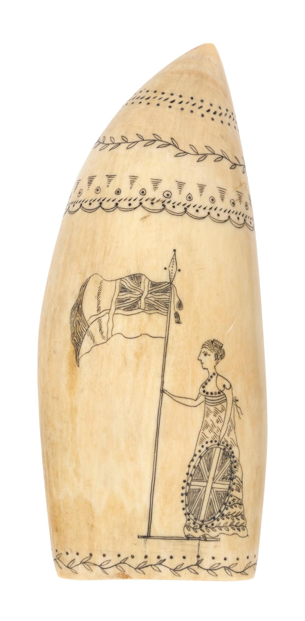 Appraisal: SCRIMSHAW WHALE'S TOOTH DEPICTING HOPE AND BRITANNIA ATTRIBUTED TO THE