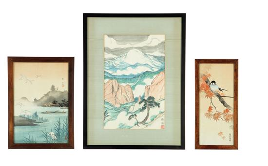 Appraisal: TWO PAINTINGS AND A WOODBLOCK PRINT Asian th century Japanese