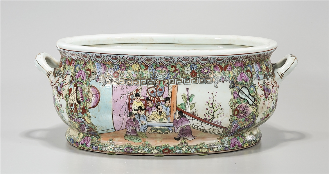 Appraisal: Chinese enameled porcelain handled basin figural scene flanked by floral