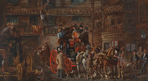 Appraisal: H F JONES BRITISH TH CENTURY x Stagecoach stop Oil