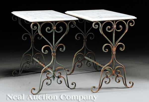 Appraisal: A Pair of White Marble and Wrought Iron Conservatory Tables