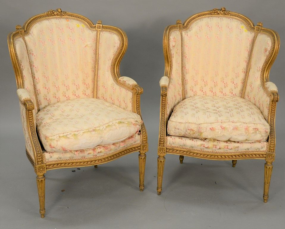 Appraisal: Pair of Louis XVI style bergere with gilt frames in