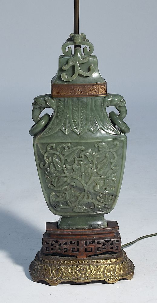 Appraisal: Large Chinese jade urn converted to lamp Large Chinese jade