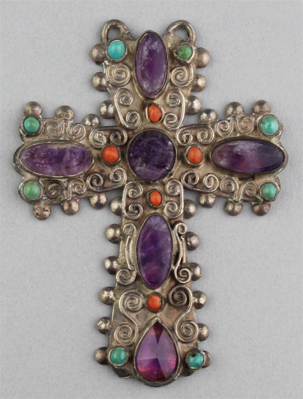 Appraisal: VINTAGE MATL SILVER CROSS WITH AMETHYST CORAL AND TURQUOISE the