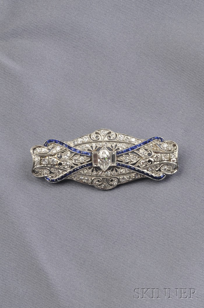 Appraisal: Art Deco Platinum and Diamond Brooch of navette-form centering a