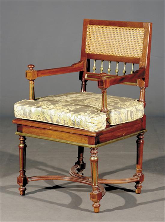 Appraisal: Regency style mahogany and cane armchair th centuryrectangular back with