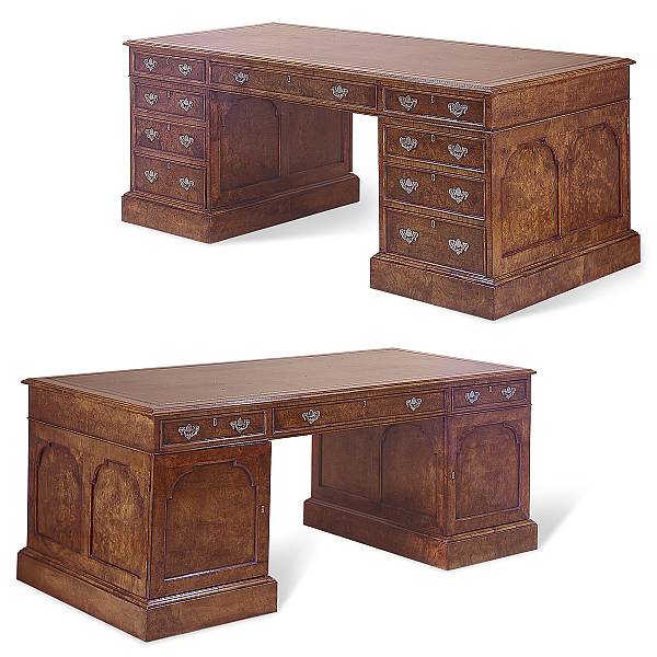 Appraisal: A George III style burl walnut partners' desk The rectangular