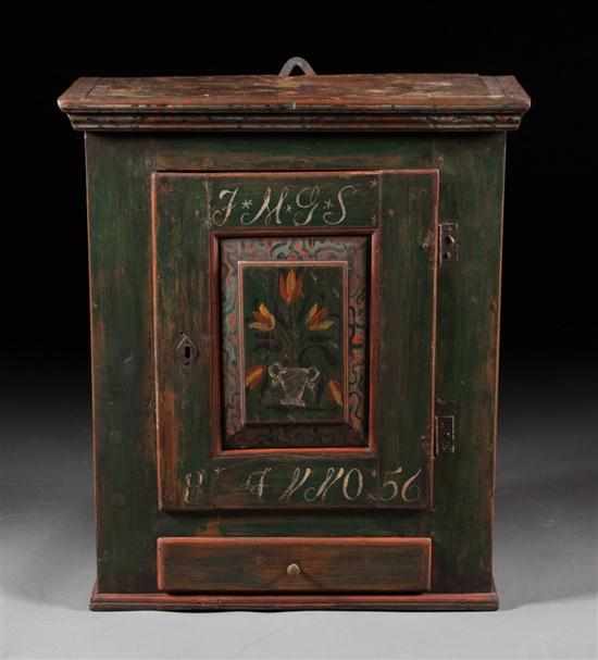 Appraisal: American vernacular painted wood hanging cabinet dated single panel door