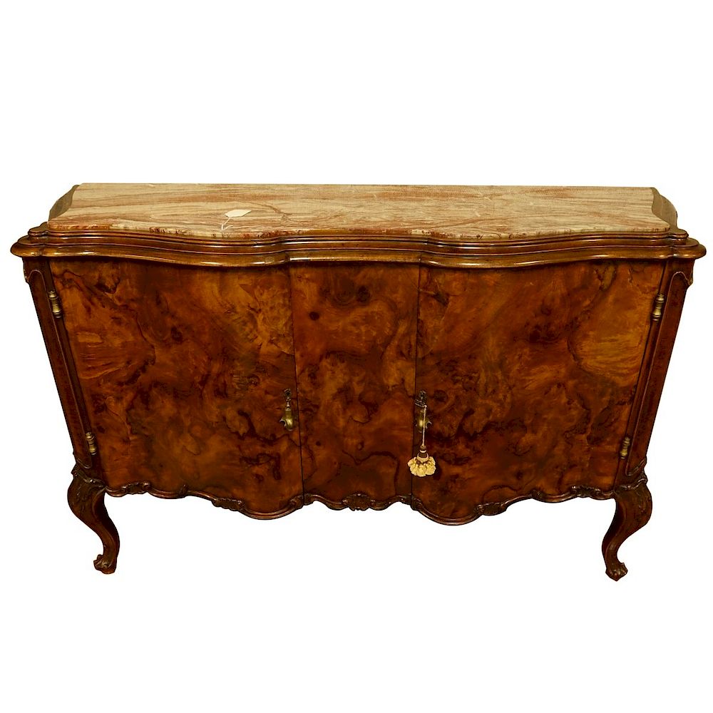 Appraisal: French Burlwood Sideboard Antique French Carved Burlwood Sideboard with Marble