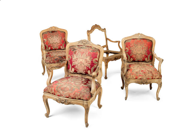 Appraisal: Three similar Louis XV provincial beech fauteuils together with another