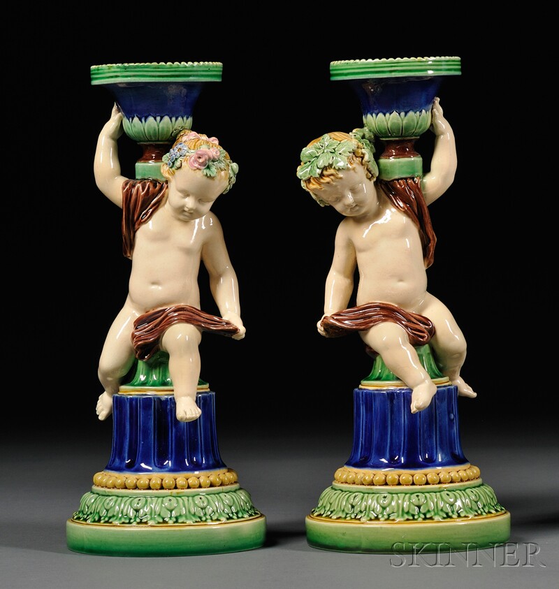 Appraisal: Pair of Minton Majolica Candlesticks England date cipher for each