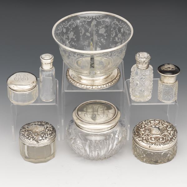 Appraisal: Collection of Eight Sterling Silver and Crystal Glass Vanity Table