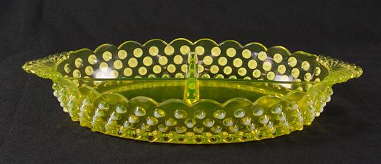 Appraisal: Vaseline Glass Divided Bowl Circa Hobnail design made by Fenton