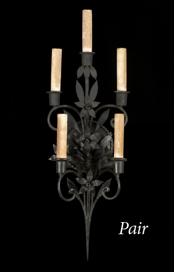 Appraisal: Pair of Cut- and Wrought-Iron Tiered Five-Light Appliques first quarter