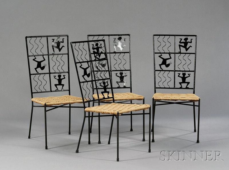 Appraisal: Set of Four Wrought Iron Figural and Wire Side Chairs