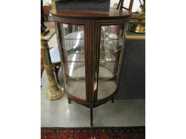 Appraisal: Mahogany Curio Cabinet demilune string inlay mirrored back glass shelves