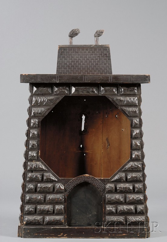 Appraisal: Large Carved Black-painted Wooden Furnace Clock Case from a coal