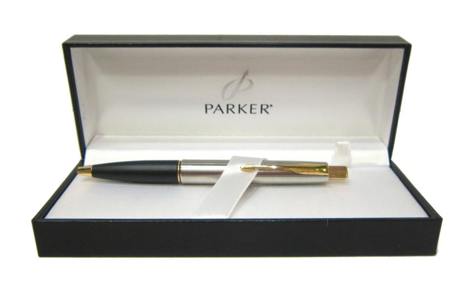 Appraisal: A PARKER ENGLAND STAINLESS STEEL AND GOLD PLATED PEN CASED