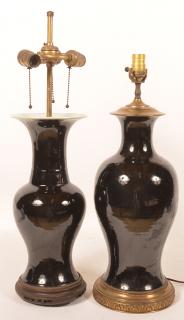 Appraisal: Oriental Black Celadon Porcelain Vase Lamps Two Oriental Black Celadon