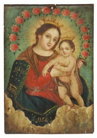 Appraisal: Unframed oil on tinned iron retablo Mexico th c depicting